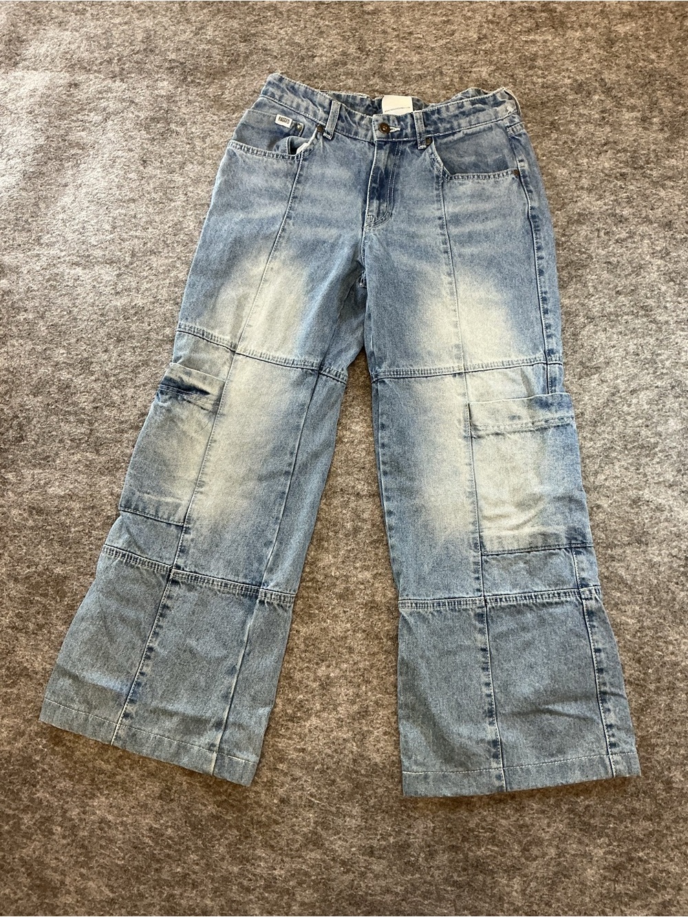 Ragged Light Blue Wide-Leg Rave Patchwork Cargo Jeans Size 28